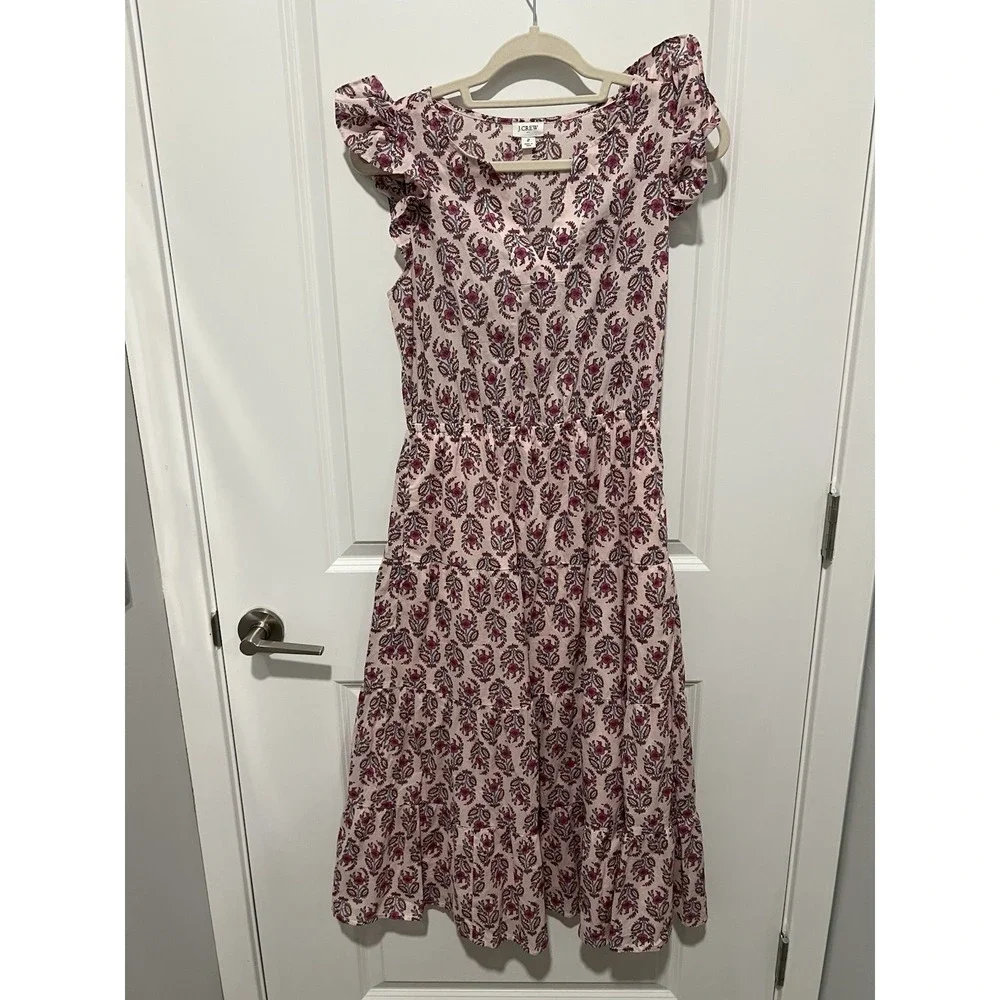 J. Crew Ruffle-Sleeve Cotton Midi Dress‎ Pink Floral Print Women's Size 2